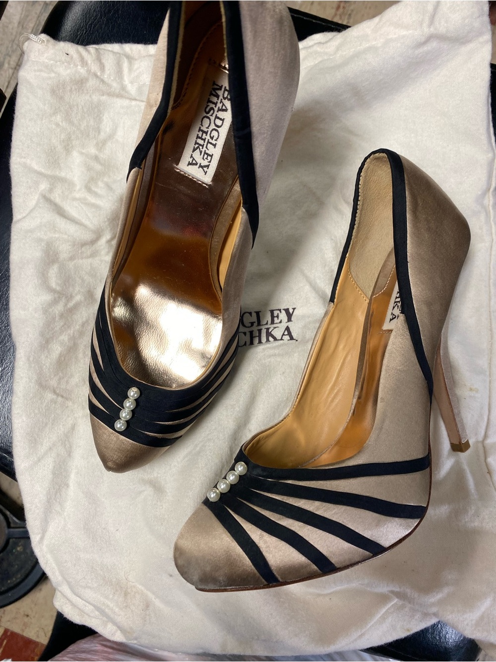 Badgley Mischka Taupe and Black Satin Pearl-Accent Pumps